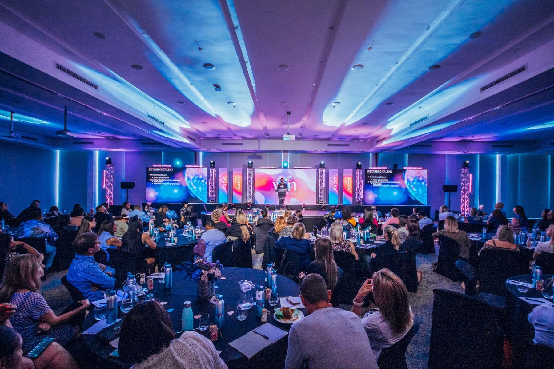 The Sorbet ballroom from the back, with the stage, LED wall and moving heads