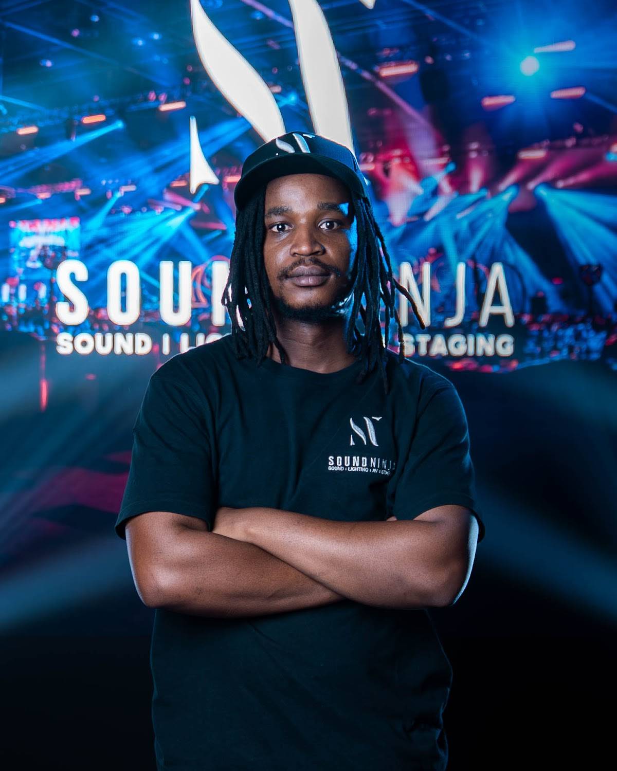 A member of the Sound Ninja team in a Sound Ninja t-shirt