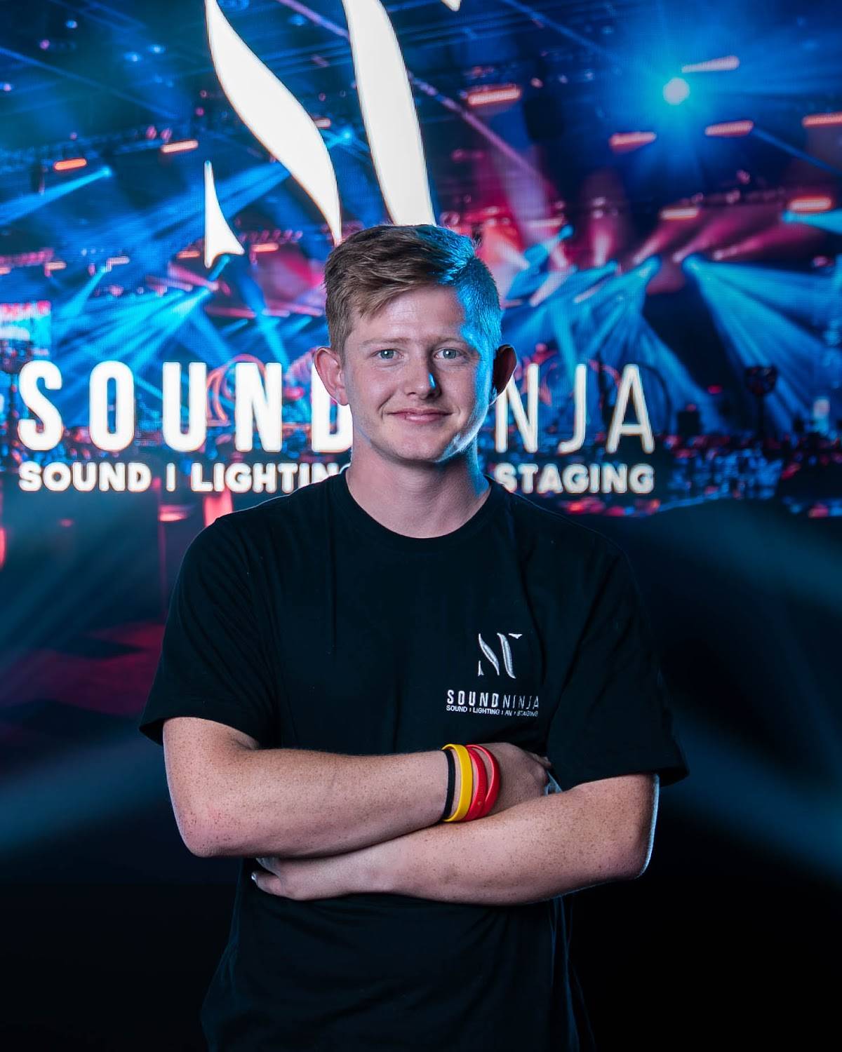 A member of the Sound Ninja team in a Sound Ninja t-shirt