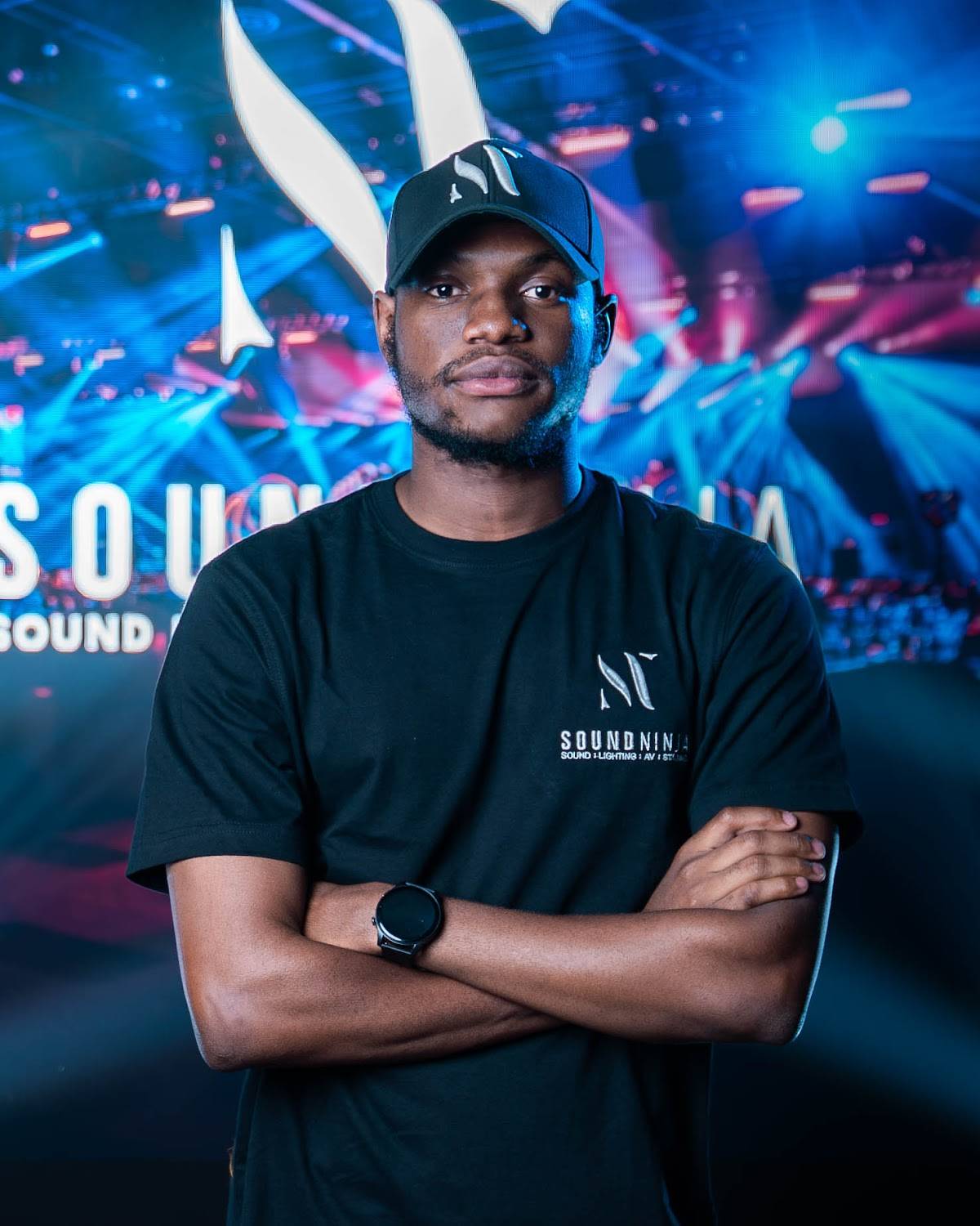 A member of the Sound Ninja team in a Sound Ninja t-shirt
